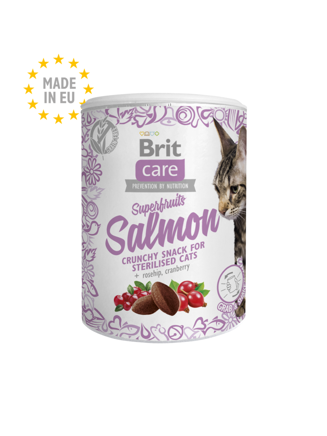 Brit Care  Snack Superfruits Salmon - лакомство за котки със сьомга, шипка и червена боровинка, 100гр.