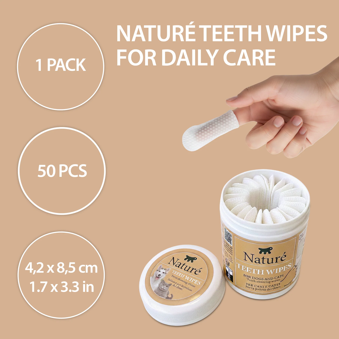 Naturé Teeth Wipes – мокри кърпички за почистване на зъби за кучета и котки, 50 бр