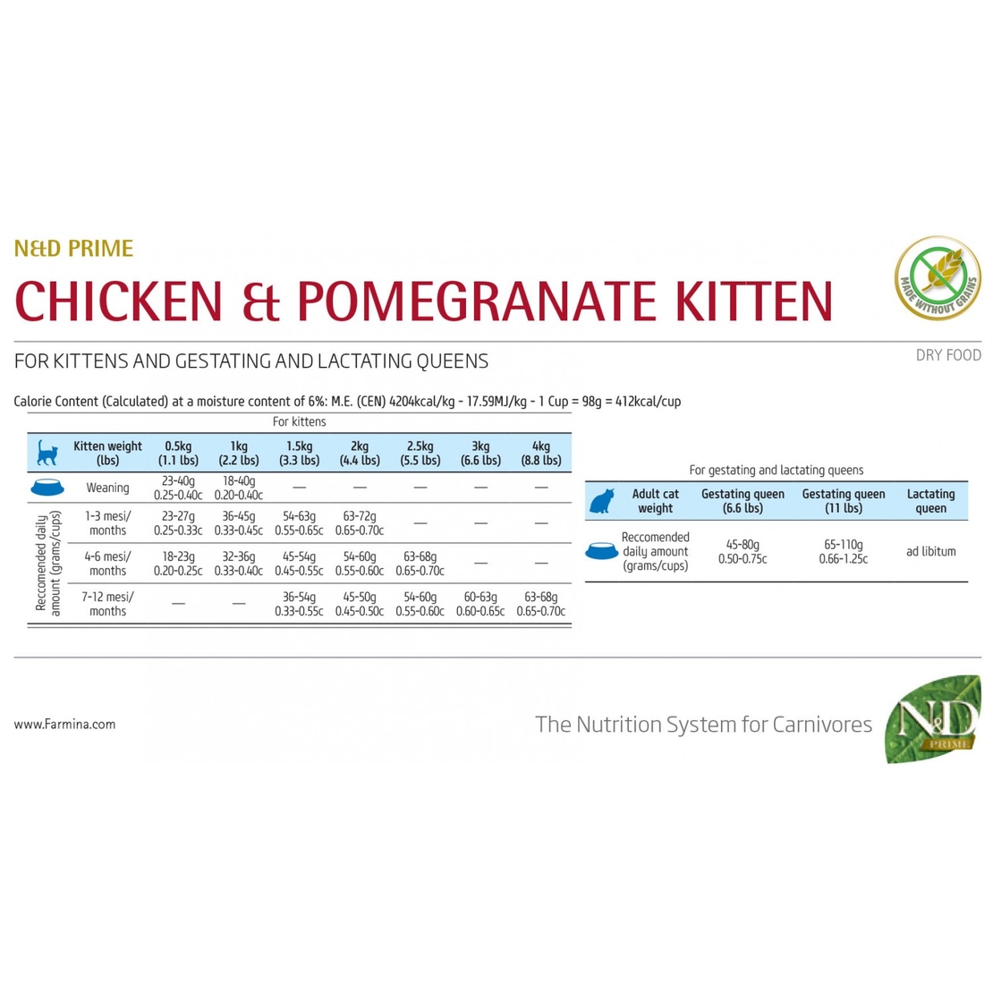 N&D Prime Chicken & Pomegranate Cat Kitten – храна за подрастващи и бременни/кърмещи котки с пиле и нар, 300 g / 1.5 kg / 5 kg