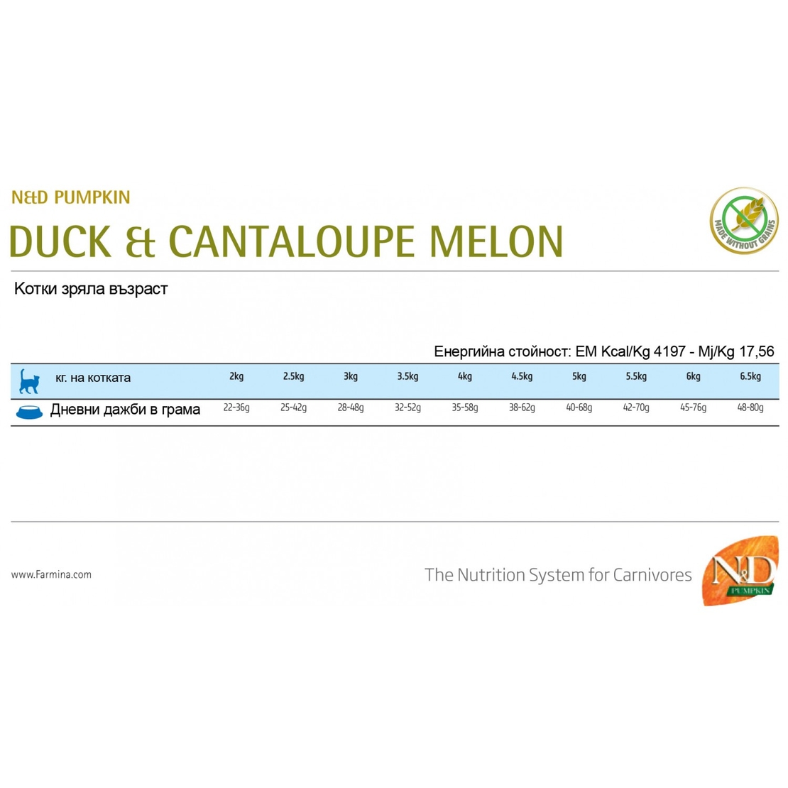 N&D Pumpkin Duck & Cantaloupe Cat Adult – храна за котки над 1 година с патешко, тиква и пъпеш, 300 g / 1.5 kg / 5 kg