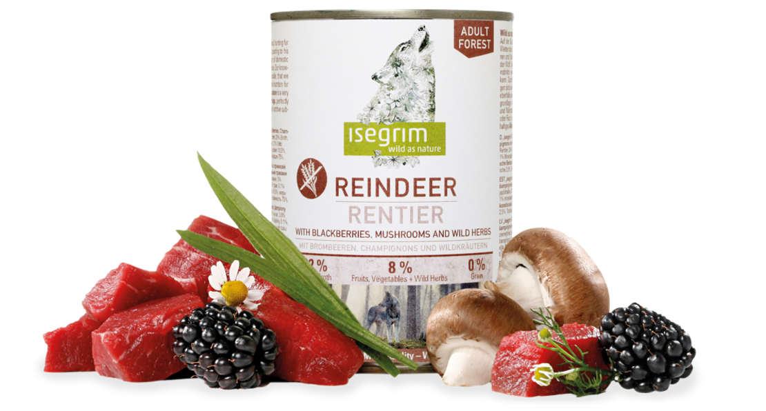 Isegrim Adult Reindeer, Blackberries & Mushrooms - консева за израснали кучета, с месо от северен елен, боровинки и гъби 800г