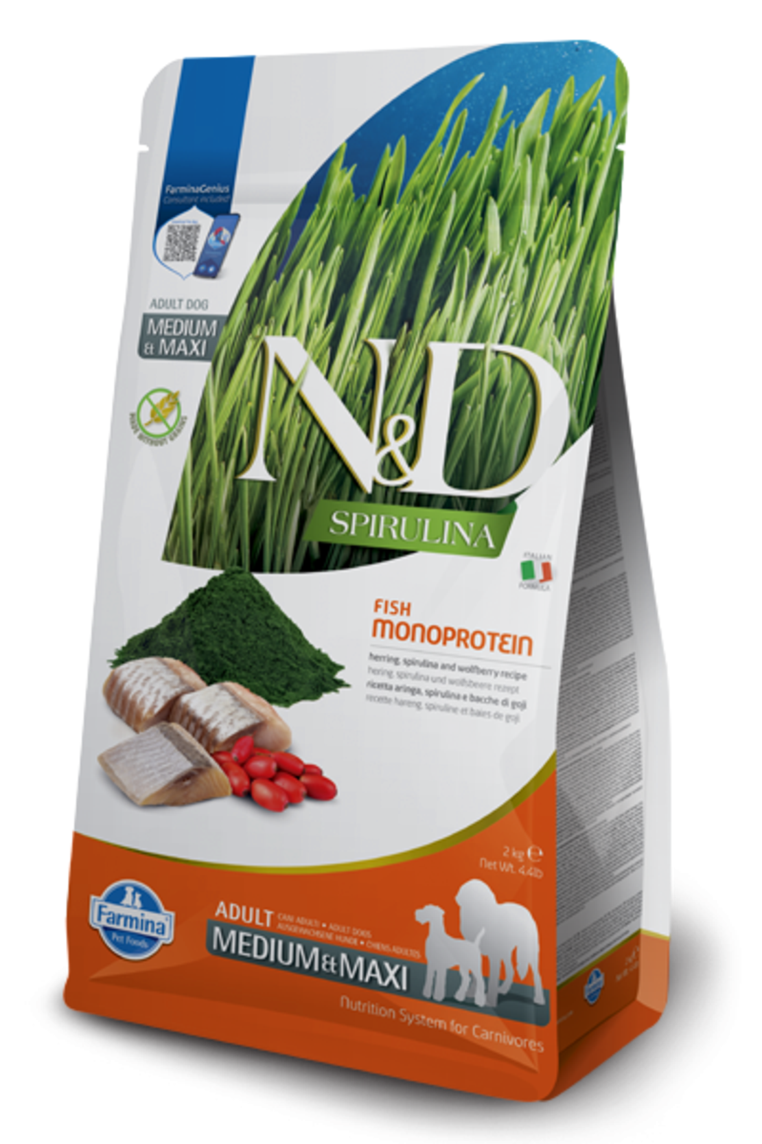 N&D Spirulina Herring Adult Medium & Maxi – Храна за кучета от средни и едри породи с херинга, спирулина и годжи бери 7 кг