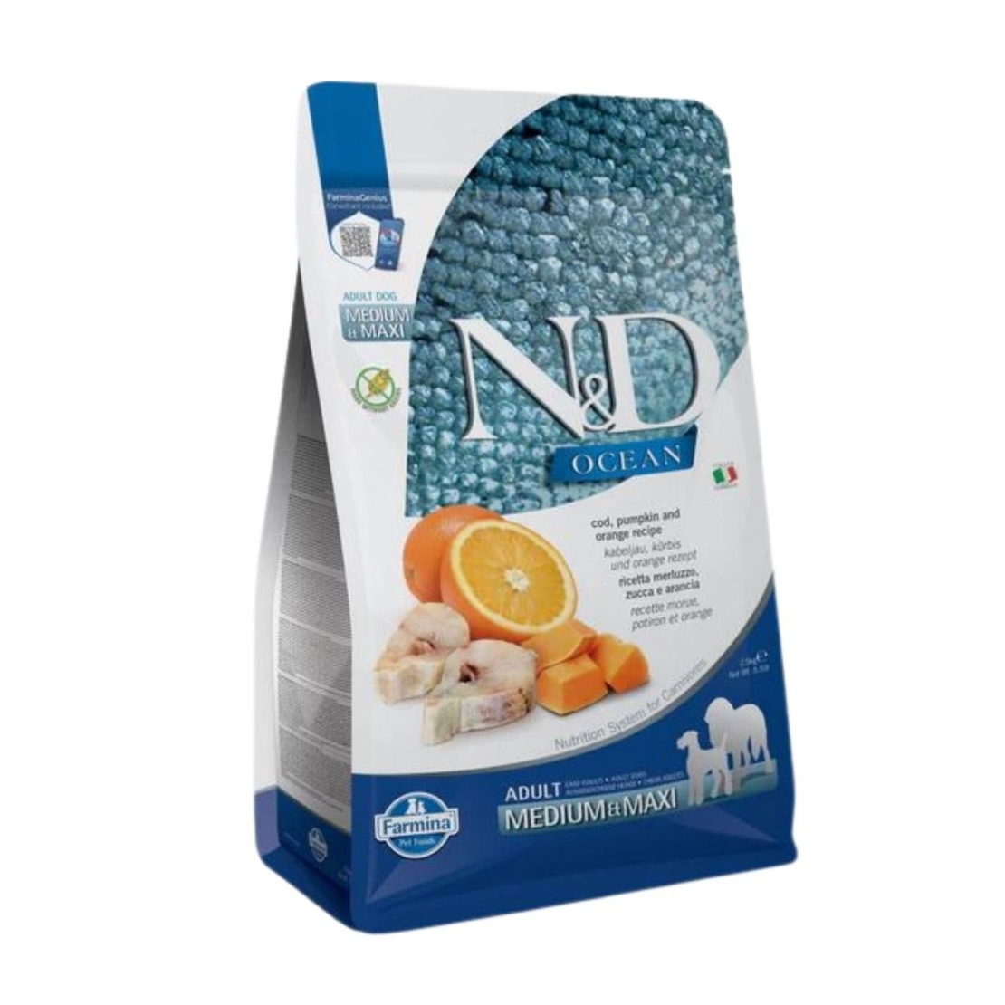 N&D Ocean Cod Adult Medium & Maxi – Храна за кучета от средни и едри породи с треска, тиква и пъпеш 2.5 кг, 12кг