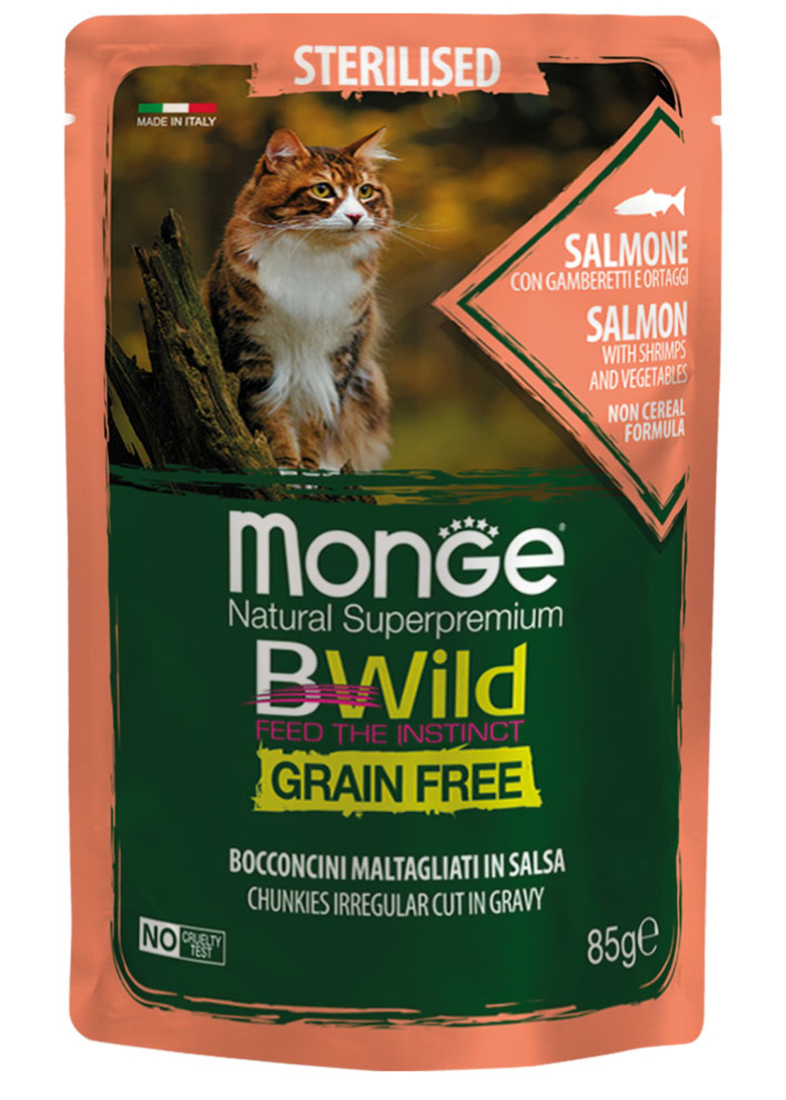 Monge BWILD Grain Free Sterilised със сьомга, скариди и зеленчуци – пауч с хапки в сос 85 г