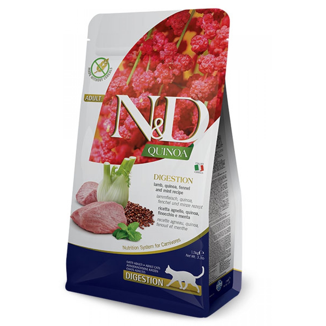 N&D Quinoa Digestion Lamb Cat Adult – храна за котки над 1 година за храносмилане, с агнешко, киноа, копър, мента и артишок, 300 g / 1.5 kg