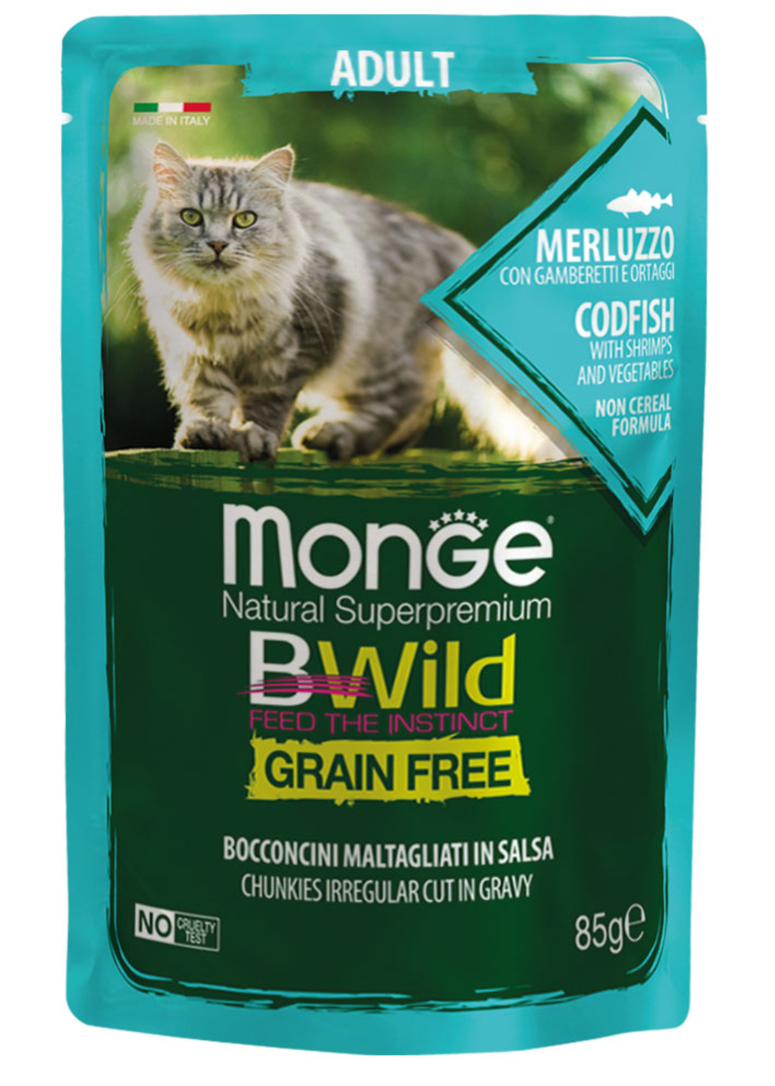 Monge BWILD Grain Free Adult с риба треска, скариди и зеленчуци – пауч с хапки в сос 85 г