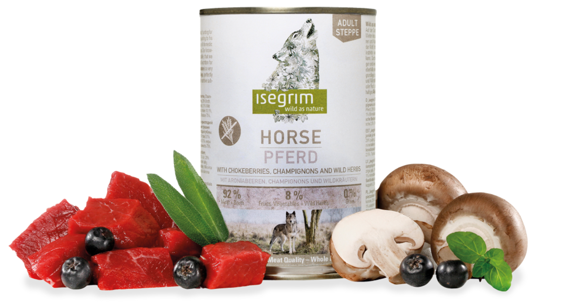 Isegrim Adult Horse, Chokeberries & Champignons - консерва за израснали кучета. С конско, арония и гъби 800г