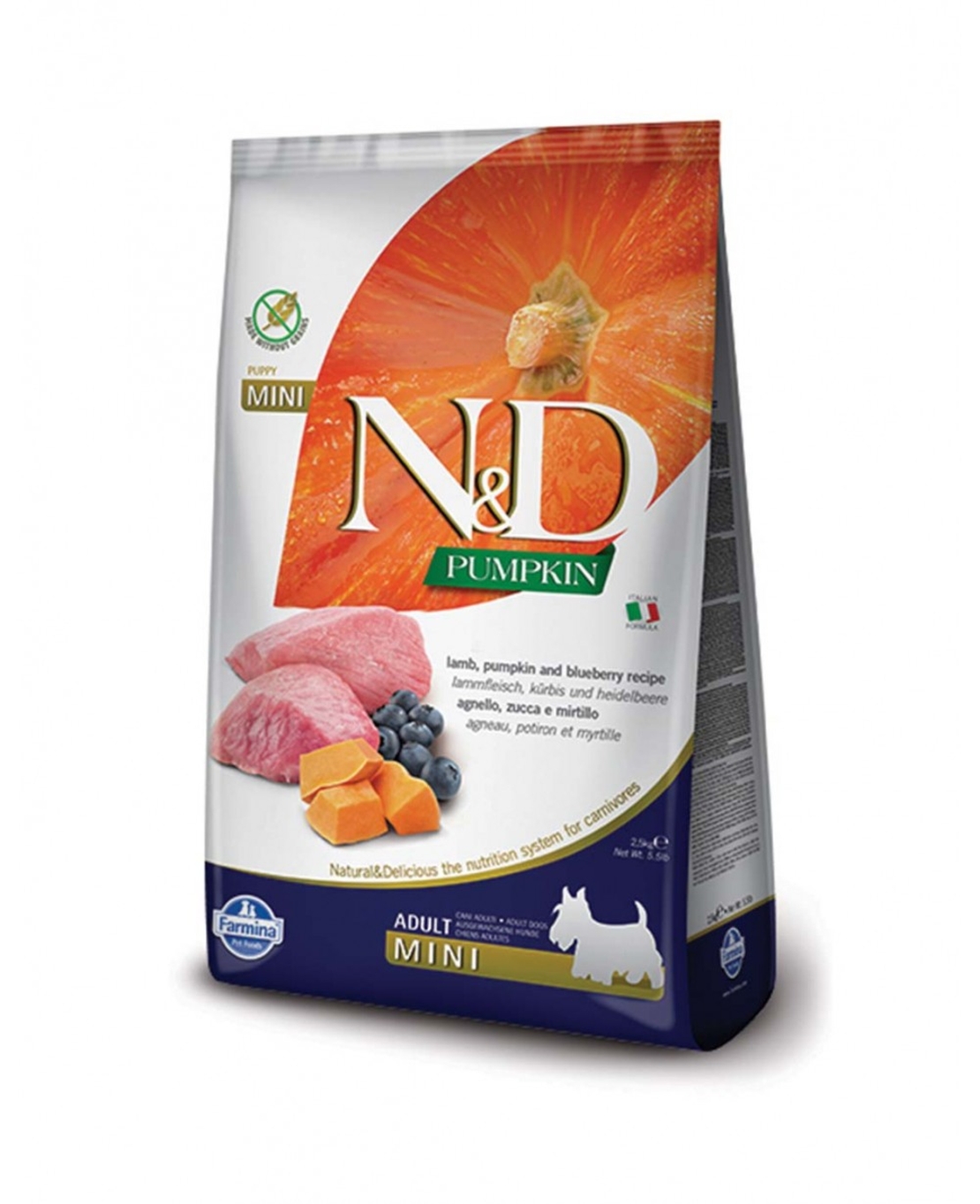 N&D Pumpkin Lamb & Blueberry Adult Mini – храна за кучета, с агнешко, тиква и боровинки, за дребни породи, 0.800 g / 2.5 kg / 7 kg