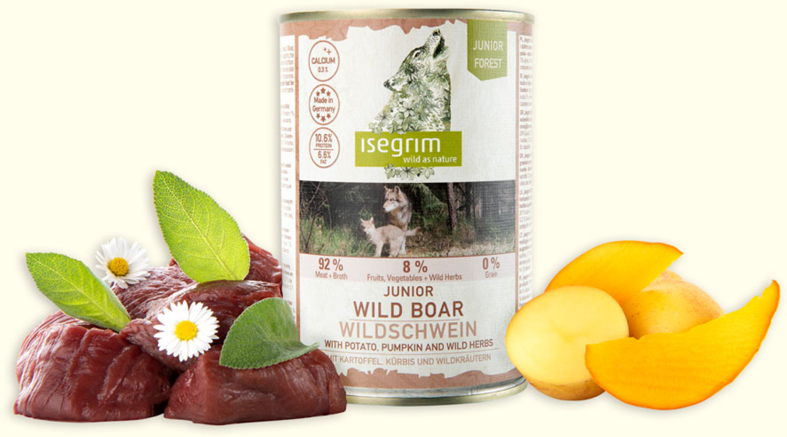 Isegrim Junior Wild boar, Potato & Pumpkin - консерва за подрастващи кученца с глиган, картофи и тиква 800г