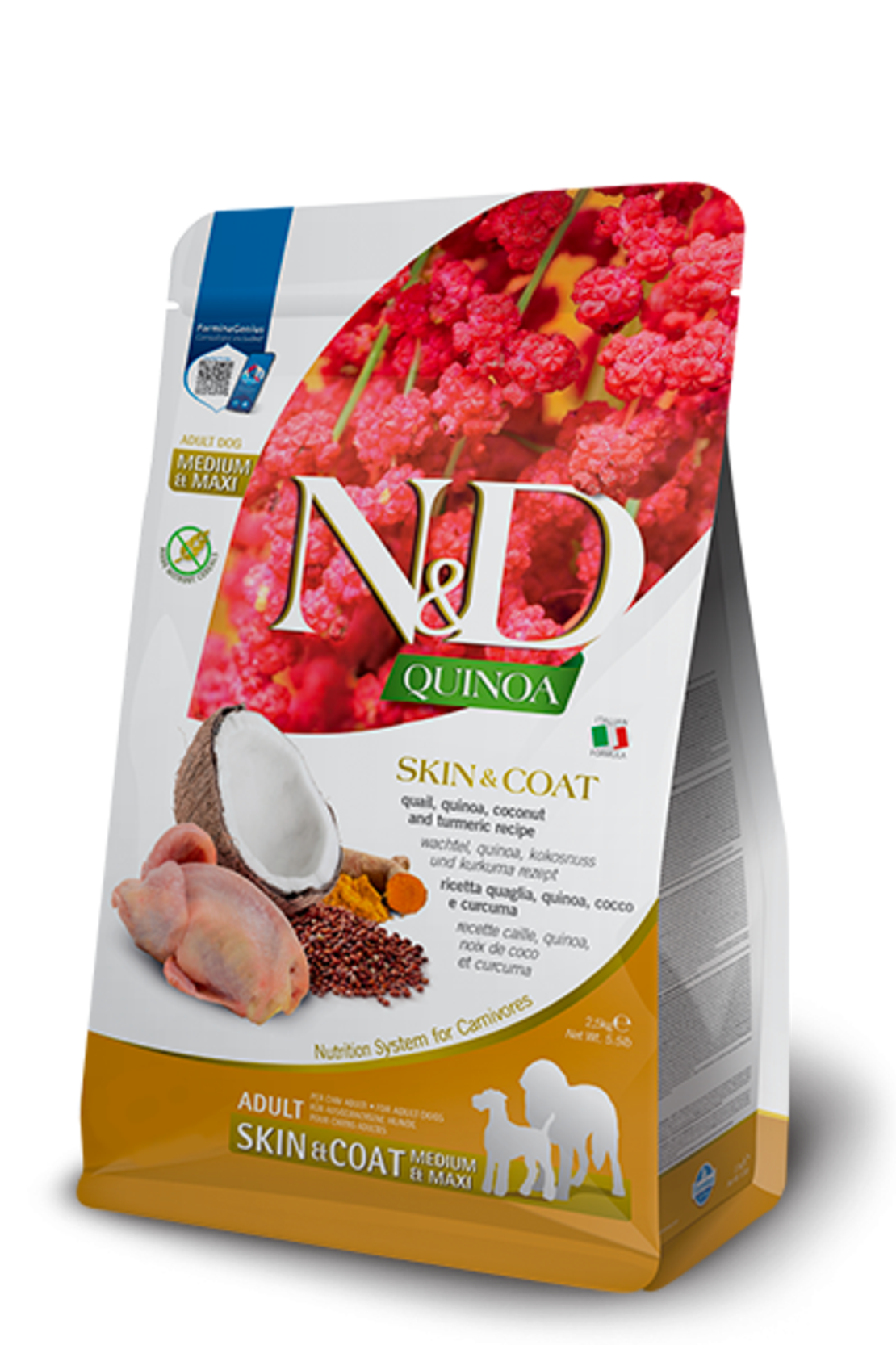 N&D Quinoa Skin & Coat Quail Adult Medium & Maxi – храна за кучета за кожа и козина, с вкус пъдпъдък, за средни и големи породи, 2.5 kg