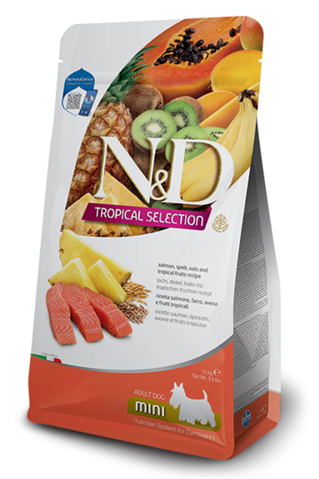 N&D Tropical Selection Salmon Adult Mini – храна за кучета, със сьомга и тропически плодове, за дребни породи, 1.5 kg / 5 kg
