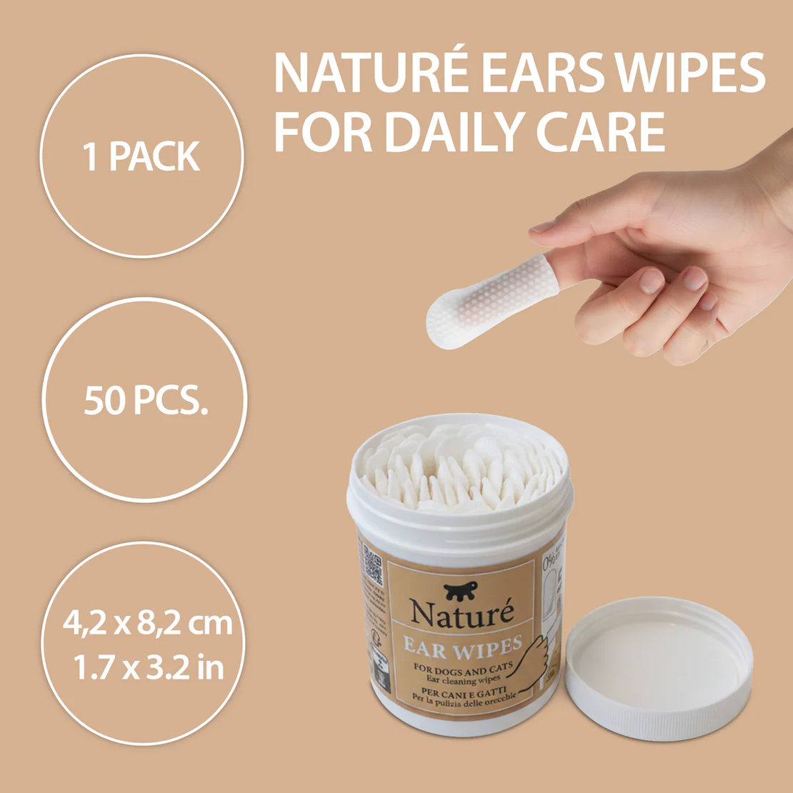 Naturé Ear Wipes – мокри кърпички за почистване на уши за кучета и котки, 50 бр