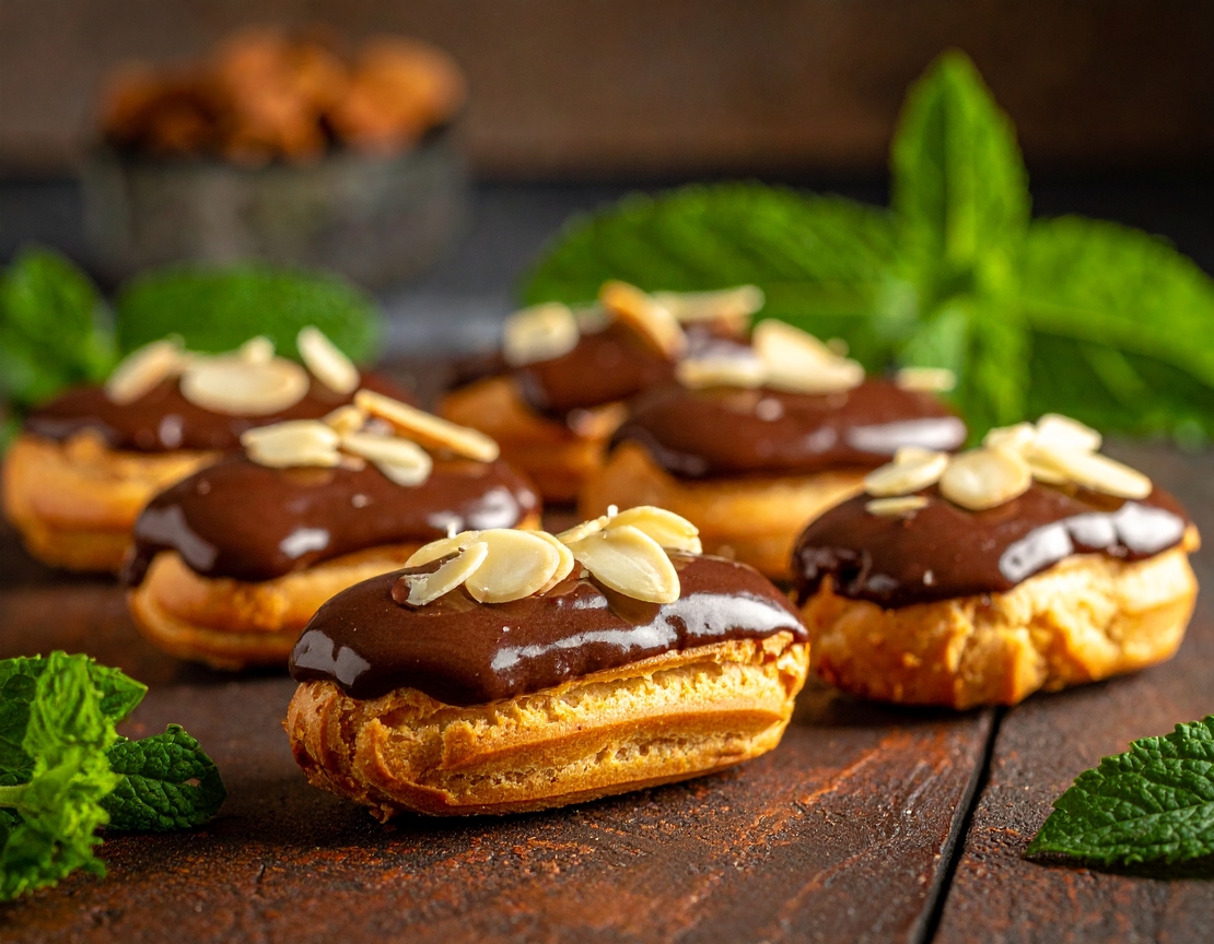 МИНИ ВАНИЛОВИ ЕКЛЕРИ С ШОКОЛАДОВА ГЛАЗУРА И ФИЛИРАНИ БАДЕМИ - 20 БР.