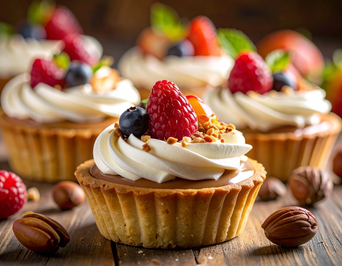 ТАРТ С ЛЕШНИКОВ ГАНАШ,ПУХКАВ КРЕМ И ПЛОДОВЕ - 20 БР.