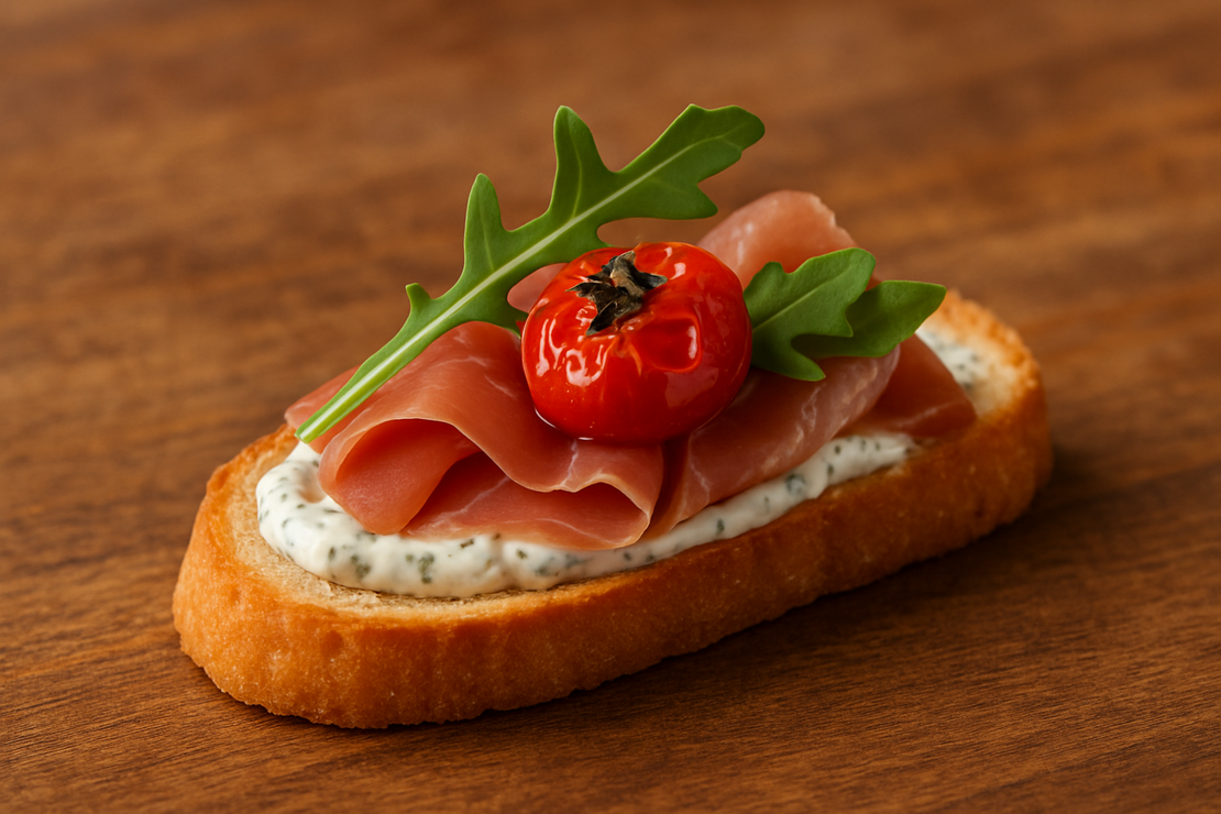 БРУСКЕТА С БИЛКОВ МУС , ПРОШУТО , ПЕЧЕНО ЧЕРИ ДОМАТЧЕ И СВЕЖИ ДЕКОРАЦИЙ - 20 БР.