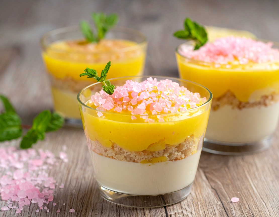 МИНИ БИСКВИТЕНА ТОРТА С ЛИМОНОВ КРЕМ И  РОЗОВИ КРИСТАЛИ - 20 БР.