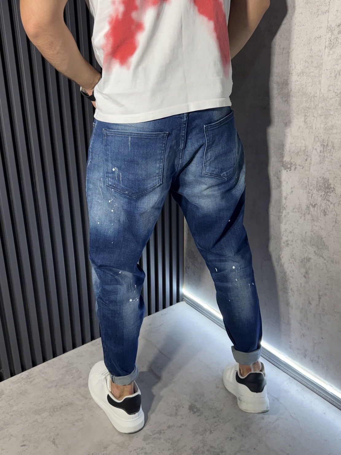 Мъжки Дънки Сини с Пръски и Washed Ефект 6904