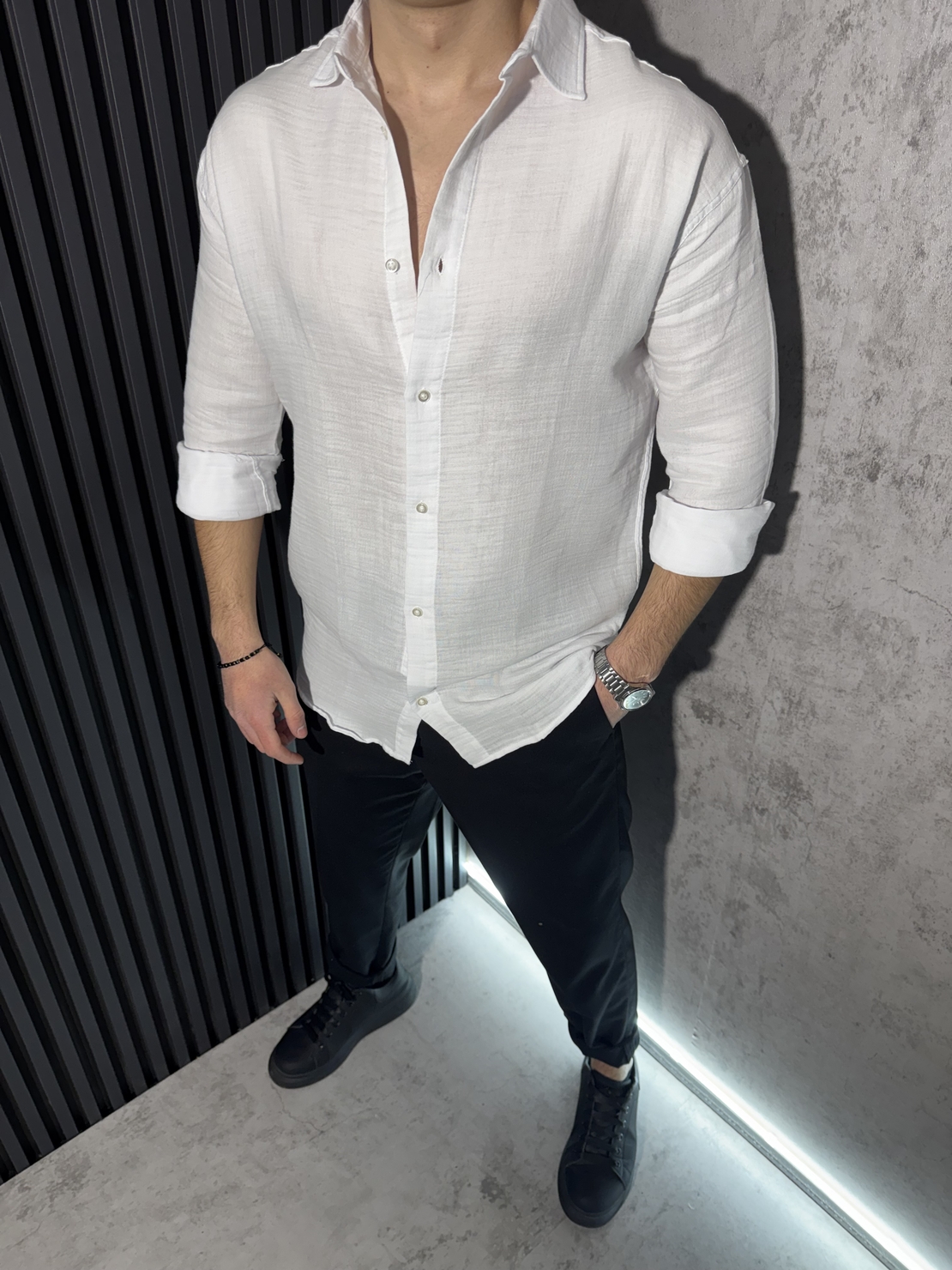 Мъжка Ленена Риза в Бял Цвят