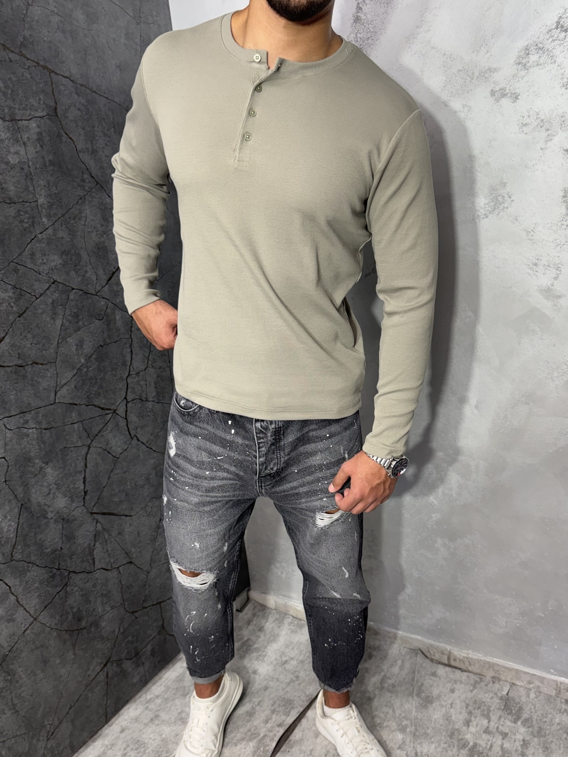 Мъжка Slim-Fit Блуза в Цвят Каки с Копчета 1261