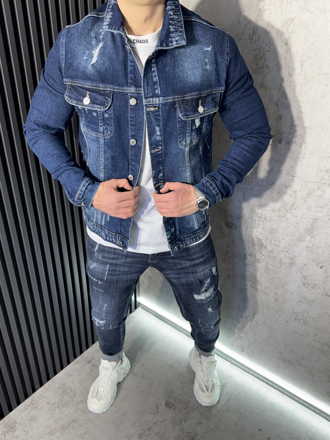 Мъжко Дънково Яке Slim Fit с Леки Разкъсвания