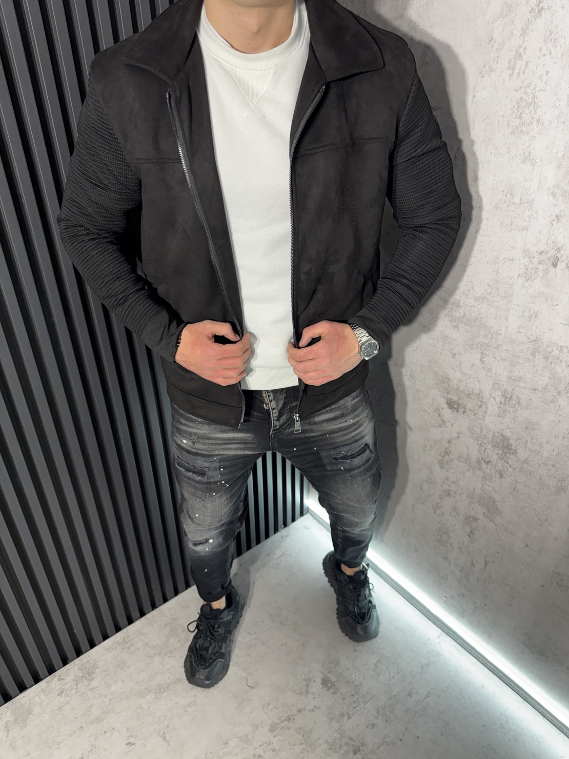 Мъжко Пролетно Яке с Велурена Повърхност и Плетени Ръкави