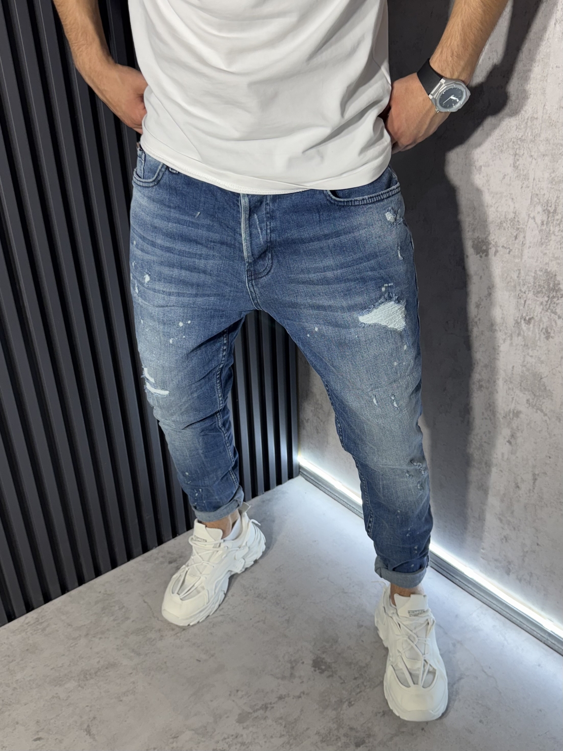 Мъжки Сини Skinny Fit Дънки с Кръпки 3428
