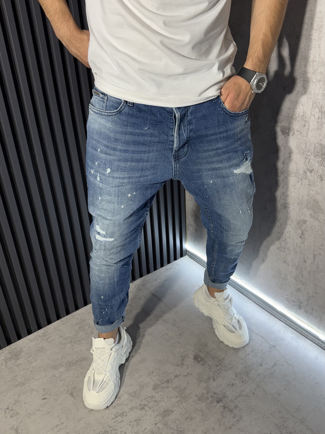 Мъжки Сини Skinny Fit Дънки с Кръпки 3428