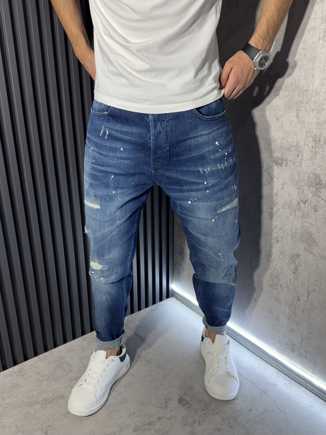 Мъжки Дънки Сини с Пръски и Washed Ефект 6904