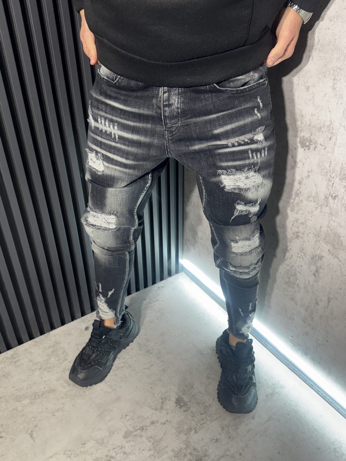 Мъжки Дънки Slim Fit с Кръпки и Пръски