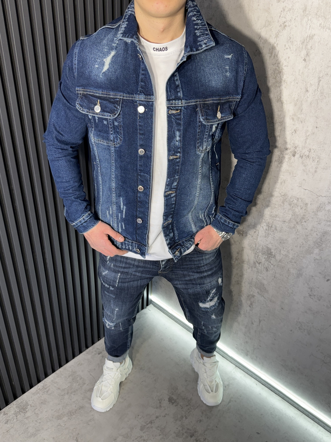 Мъжко Дънково Яке Slim Fit с Леки Разкъсвания