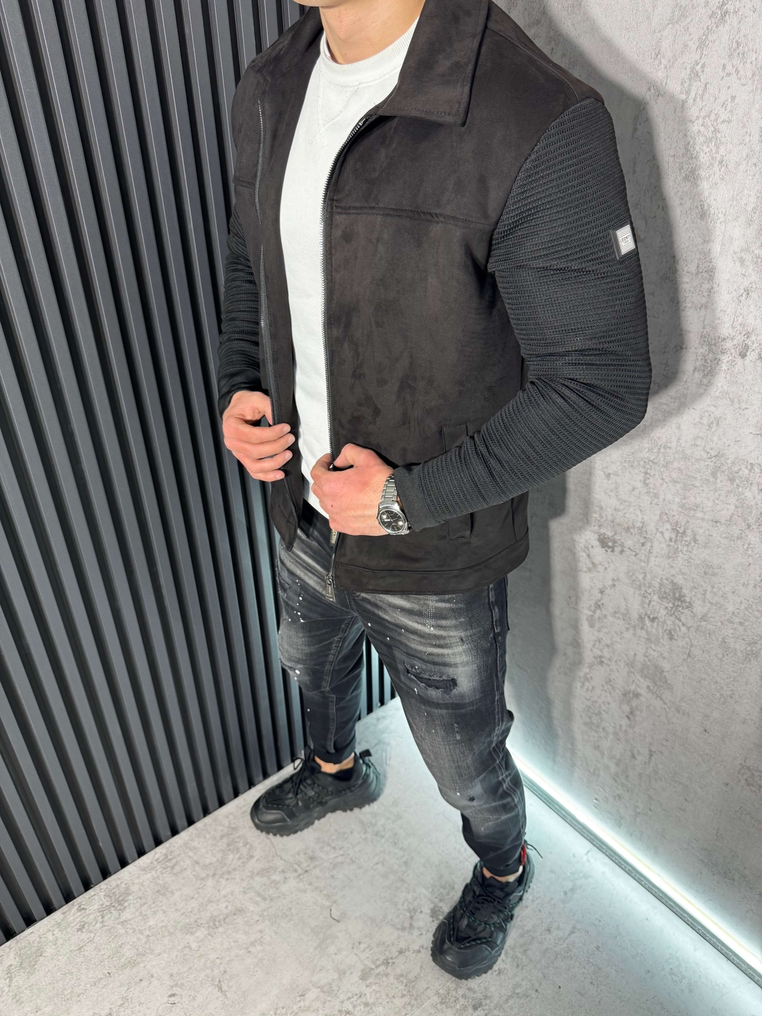 Мъжко Пролетно Яке с Велурена Повърхност и Плетени Ръкави