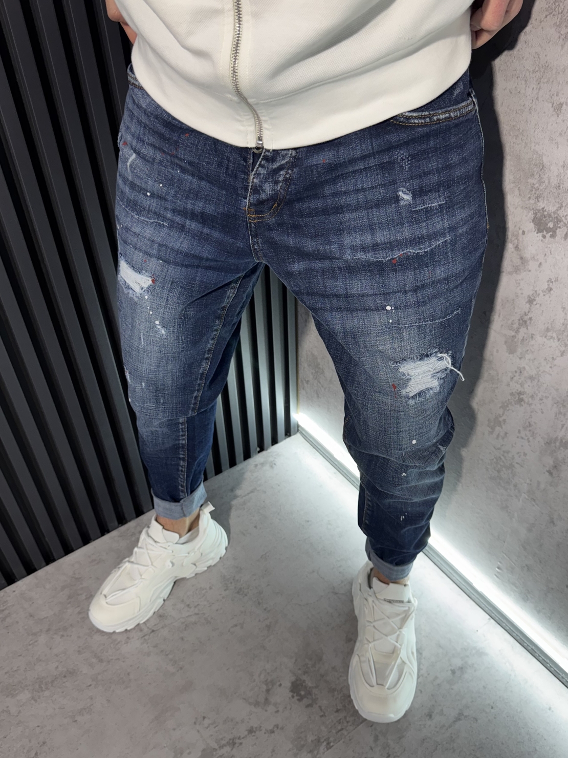 Мъжки Дънки Тъмносини с Кръпки и Пръски