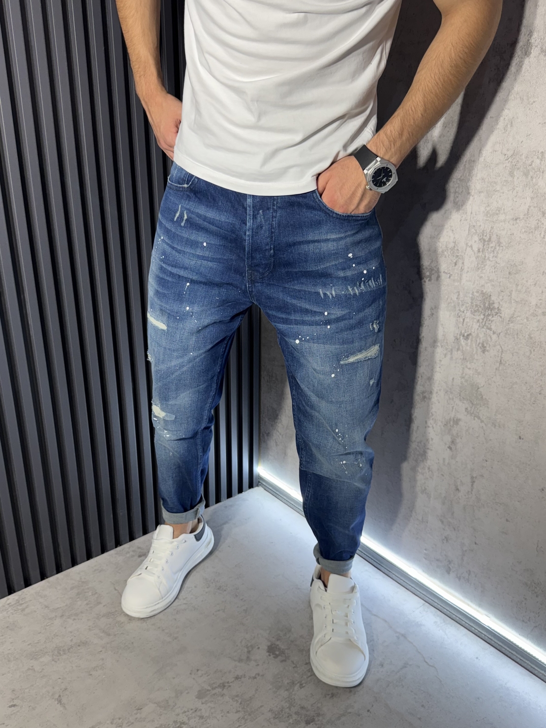Мъжки Дънки Сини с Пръски и Washed Ефект 6904