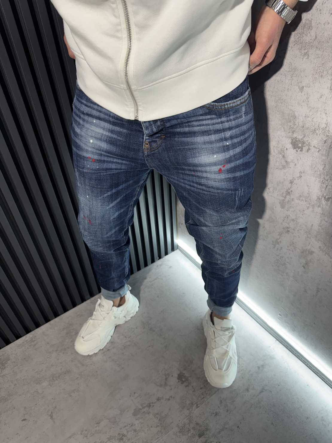 Мъжки Дънки Тъмносини с Избелващ Ефект и Пръски