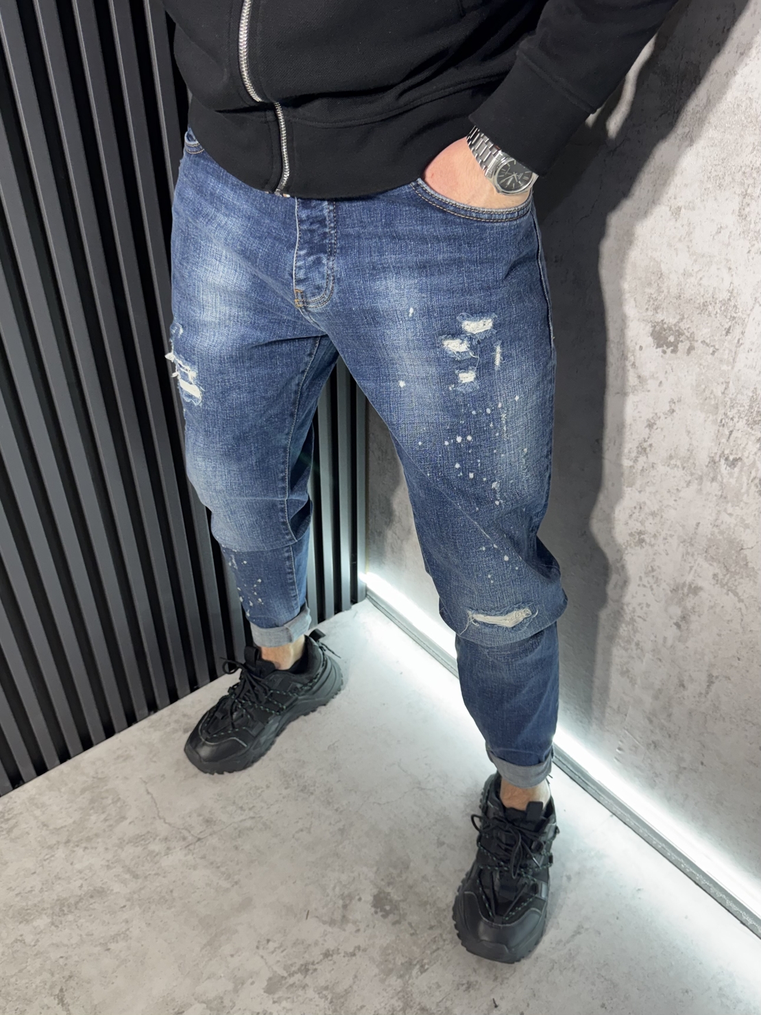 Мъжки Дънки с Накъсвания и Бели Пръски 12159