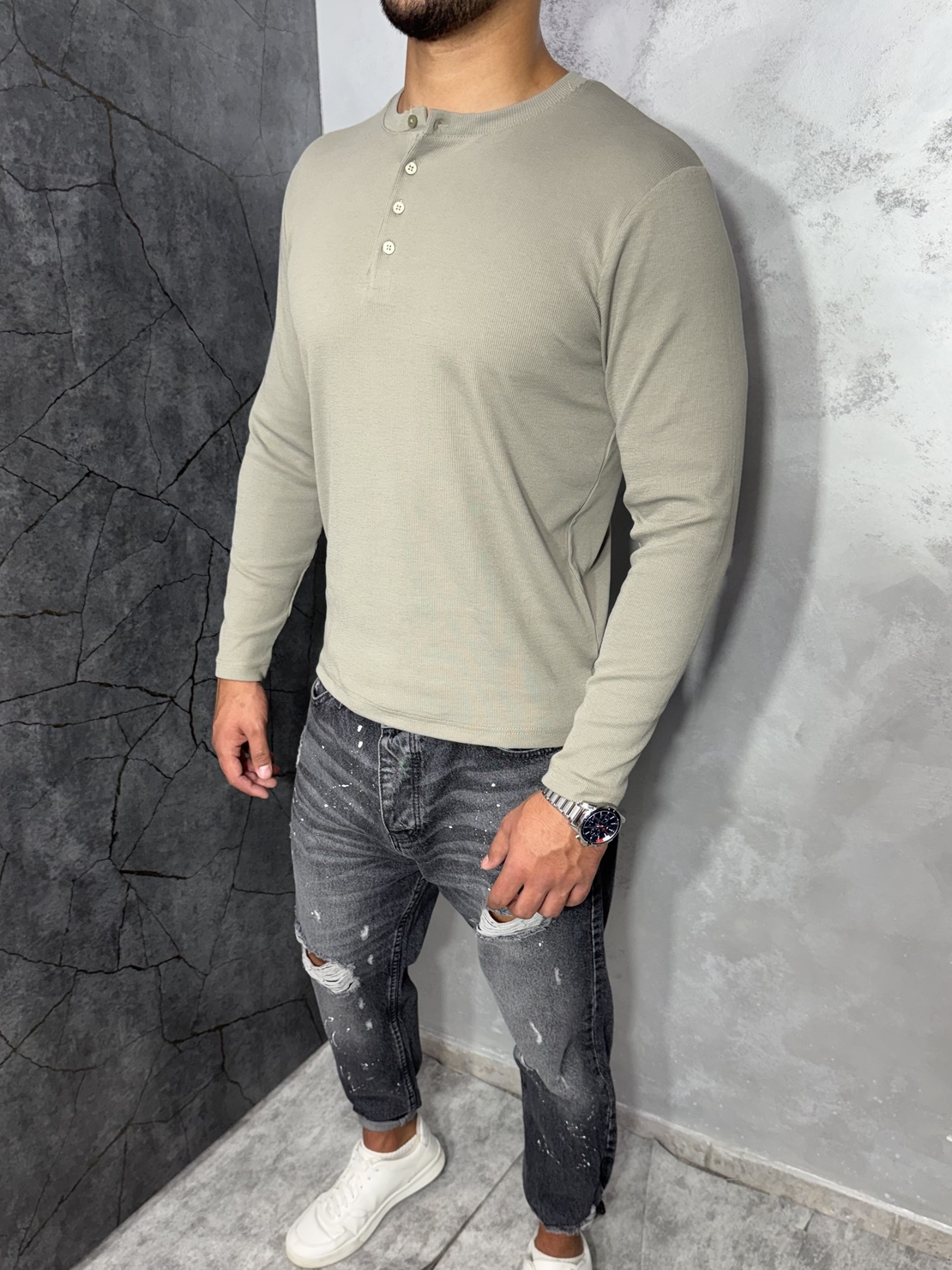 Мъжка Slim-Fit Блуза в Цвят Каки с Копчета 1261
