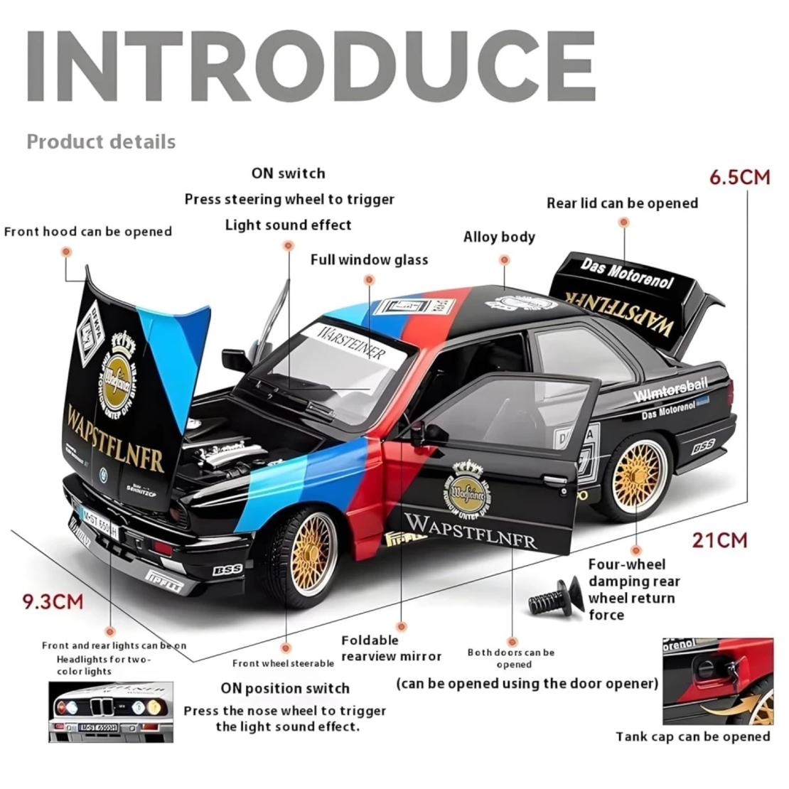 Метална кола с отварящи се врати капаци светлини и звуци BMW M3 E30 DTM 1:24
