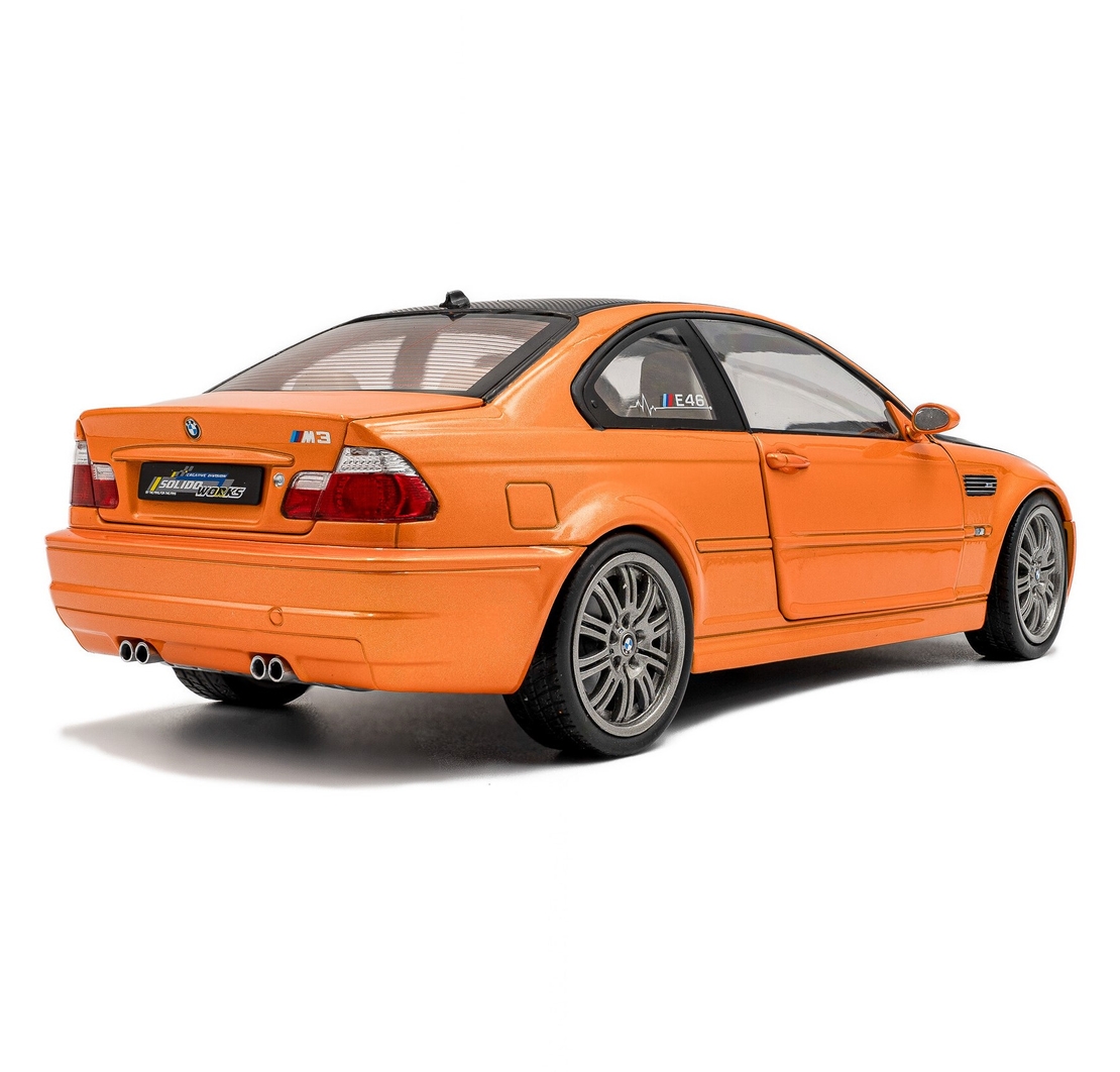 Метална кола BMW E46 M3 COUPE WORKS 2000 ORANGE SOLIDO 1:18