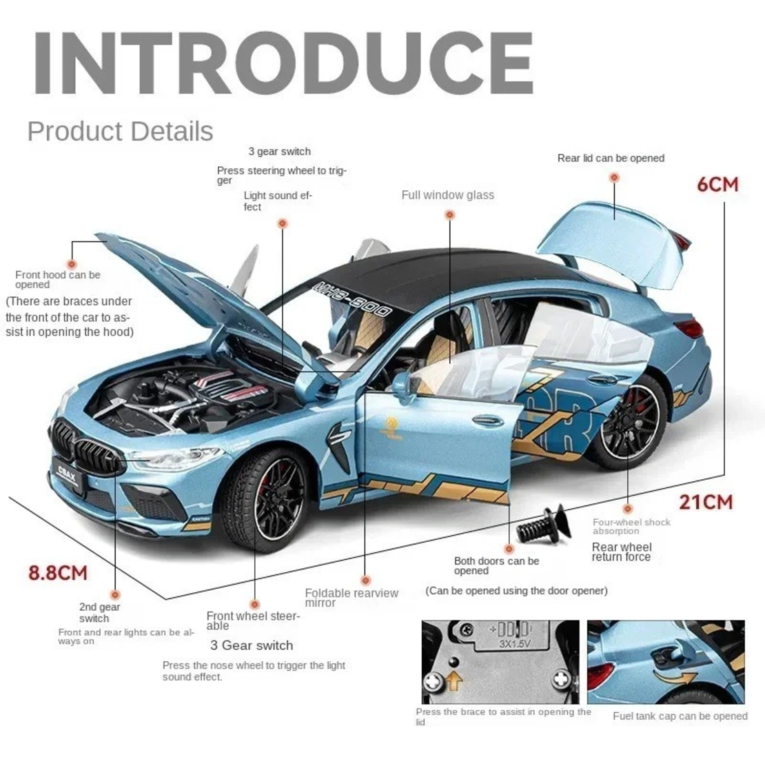 Метална кола с отварящи се врати капаци светлини и звуци BMW M8 MANHART 1:24