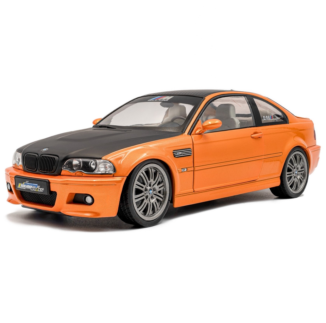 Метална кола BMW E46 M3 COUPE WORKS 2000 ORANGE SOLIDO 1:18
