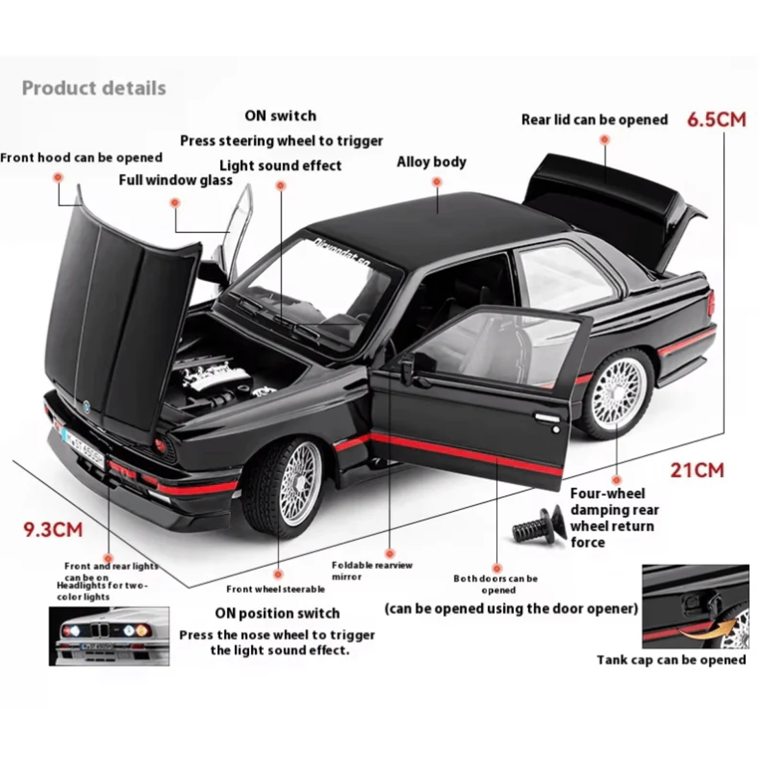 Метална кола с отварящи се врати капаци светлини и звуци BMW M3 E30 1:24