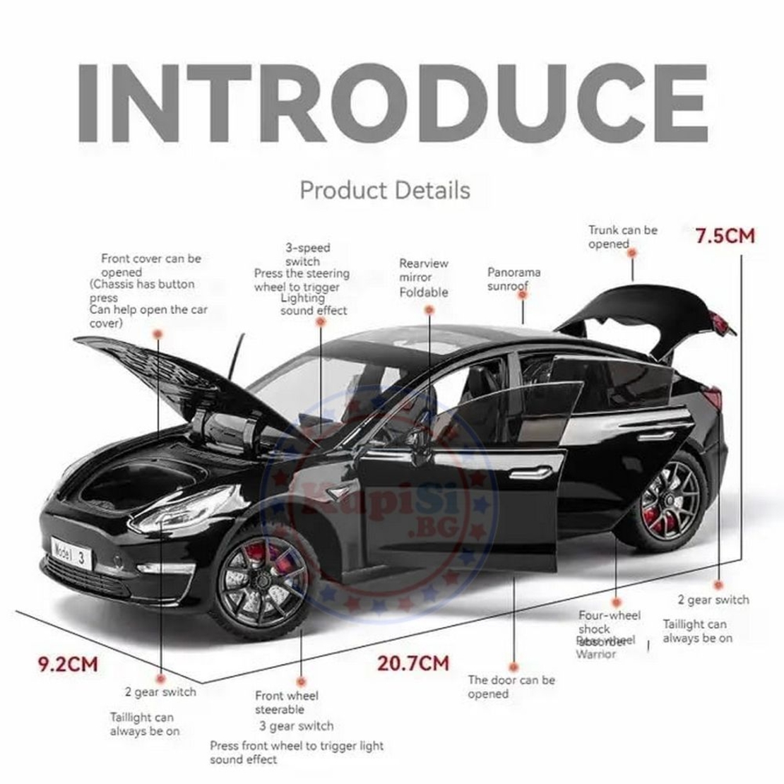 Метална кола с отварящи се врати светлини и звуци Tesla Model 3 - 1:24