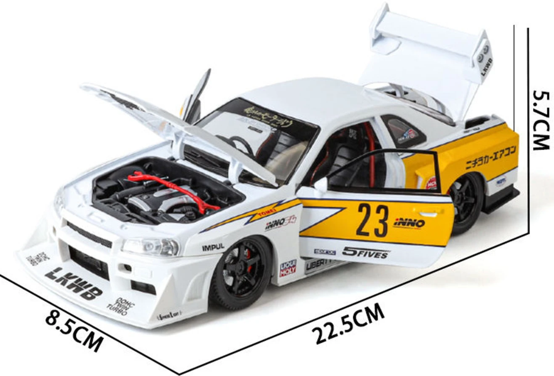 Метална кола с отварящи се врати, светлини и звуци  Nissan Skyline GT-R R34 1:24