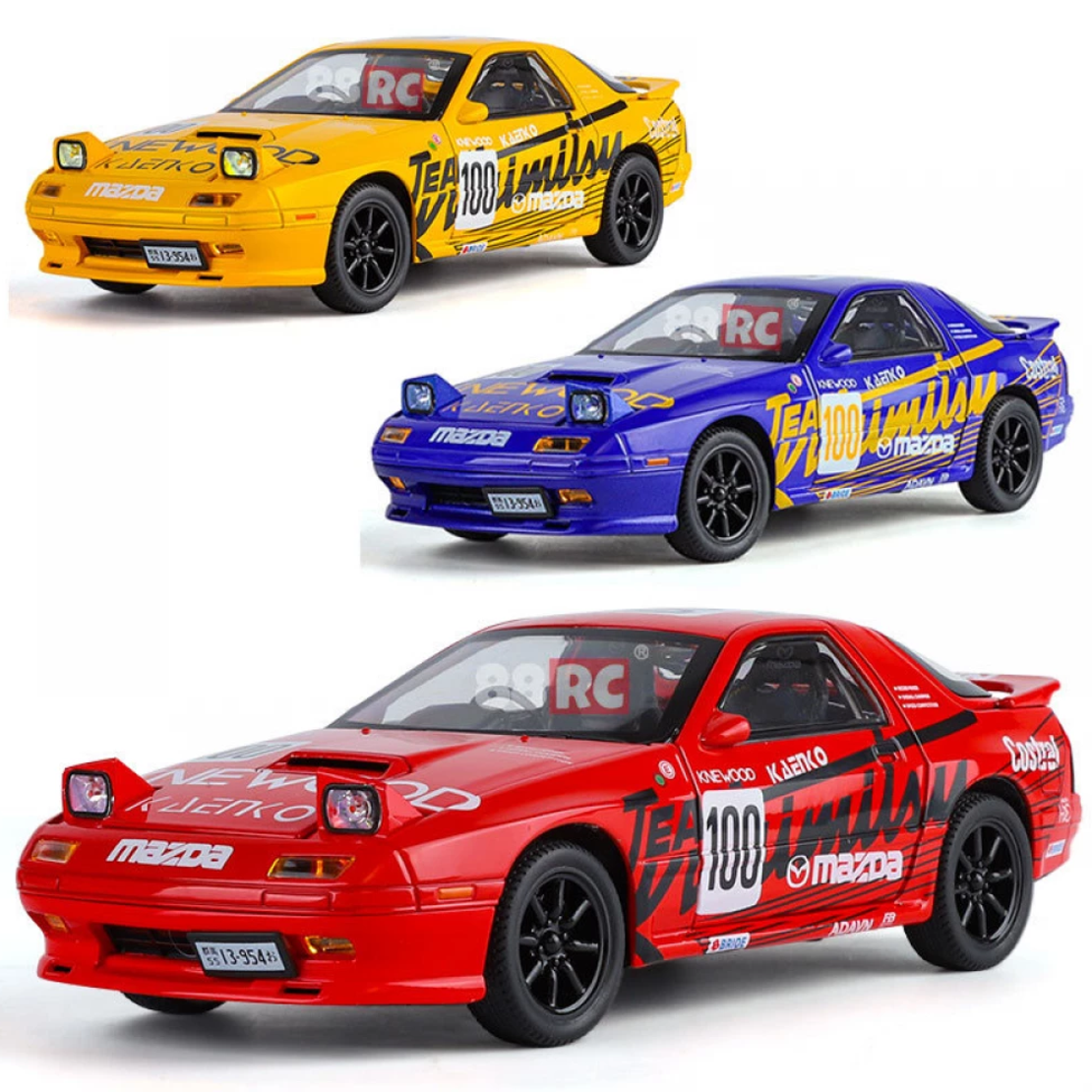 Метална кола с отварящи се врати, капаци, светлини и звуци Mazda RX7 1:24