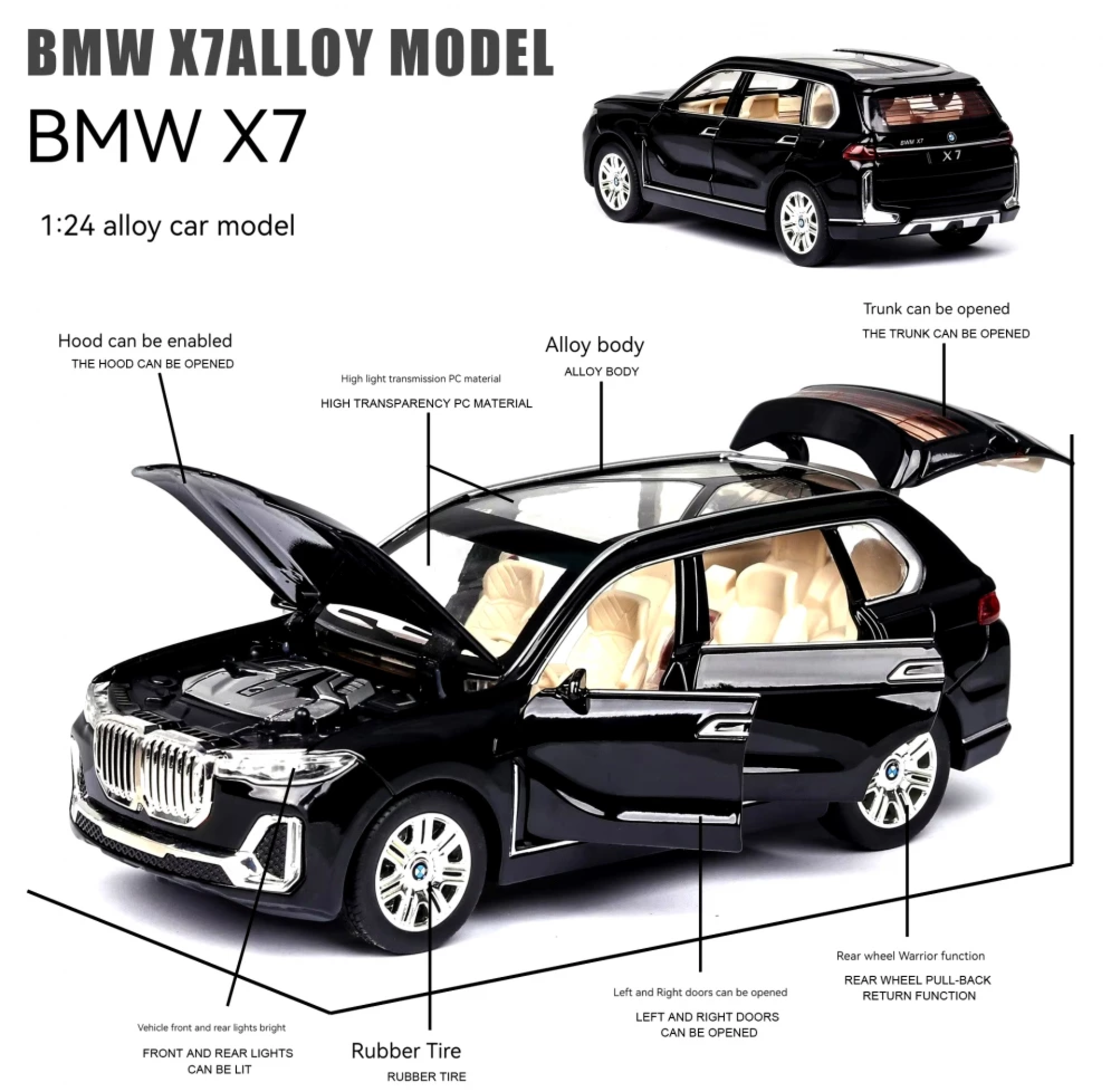 Метална кола с отварящи се врати капаци светлини и звуци BMW X7 1:24