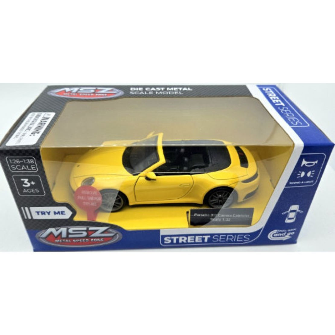 Метална кола с отварящи се врати, светлини и звуци PORSCHE 911 CARRERA CABRIOLET 1:32 - жълт