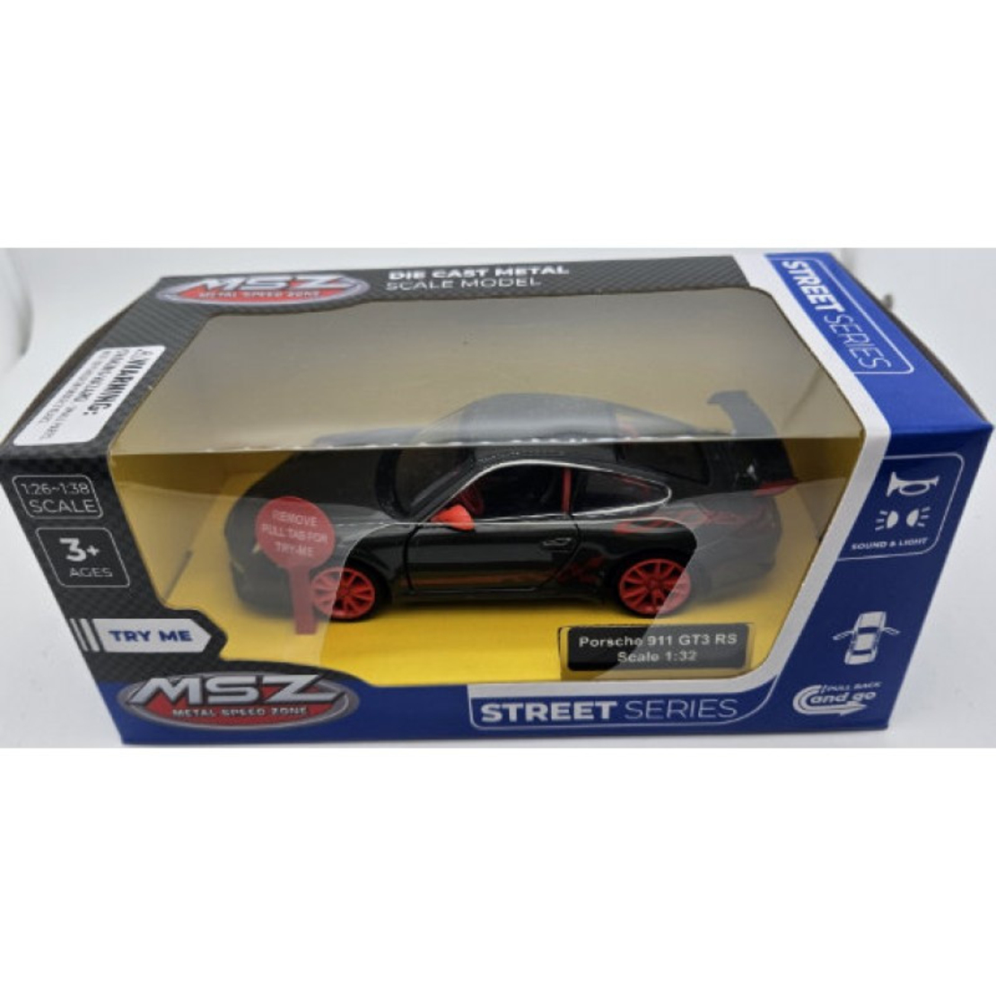 Метална кола с отварящи се врати, светлини и звуци MSZ PORSCHE 911 GT3 RS 1:32