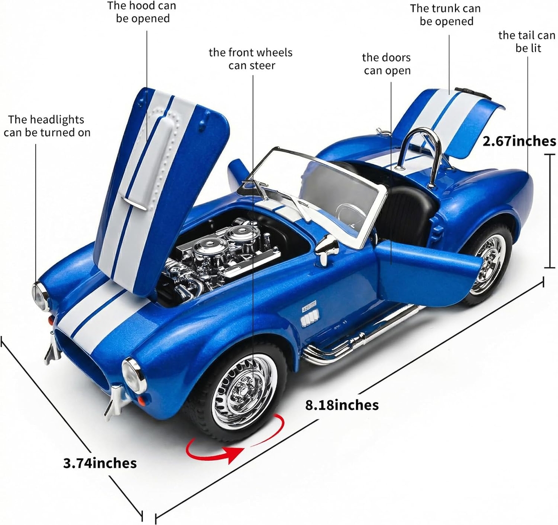 Метална кола с отварящи се врати капаци светлини и звуци Ford Shelby Cobra 427 1:24