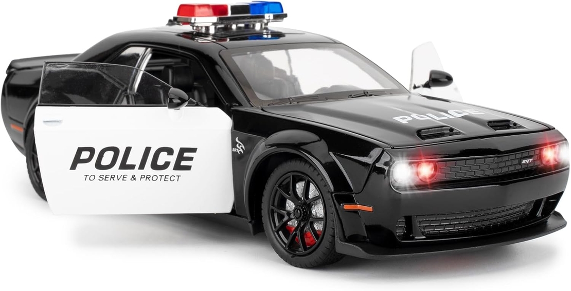 Метална кола с отварящи се врати капаци светлини и звуци Dodge Challenger Police - 1:24