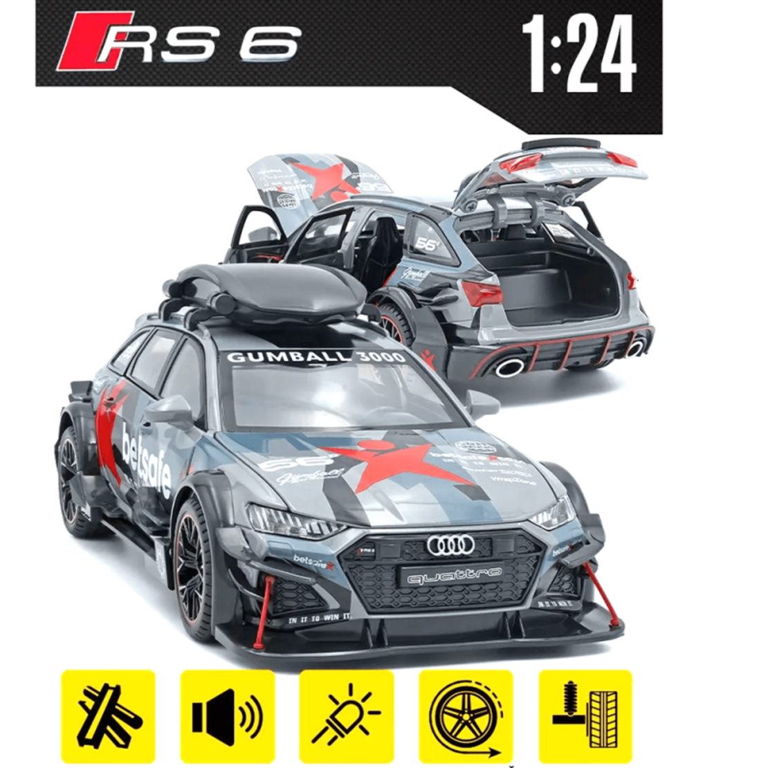 Метална кола с отварящи се врати капаци светлини и звуци Audi RS6 Sport Камуфлажна 1:24